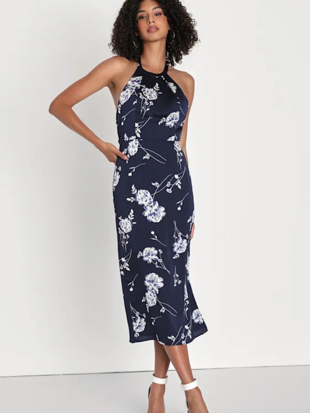 NWOT S Lulu's Navy Halter Maxi Dress with White Floral Print